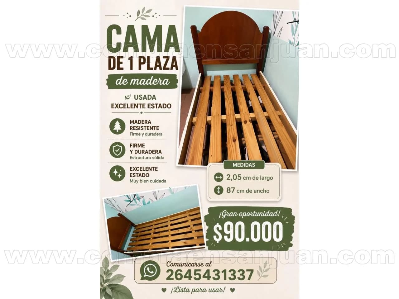 Cama Individual En Buenas Condiciones. Usado. De Madera. Color Marrón