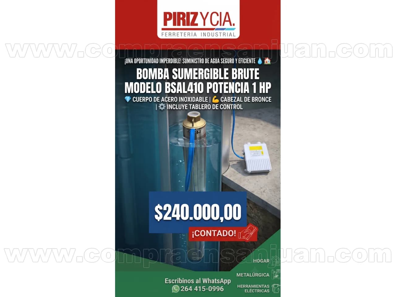 Bomba Sumergible 4" C/tablero 1 Hp Bsal410